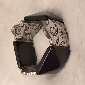 Vintage 80s Silver And Black Toned Stretch Bracelet Sky Patterned Design